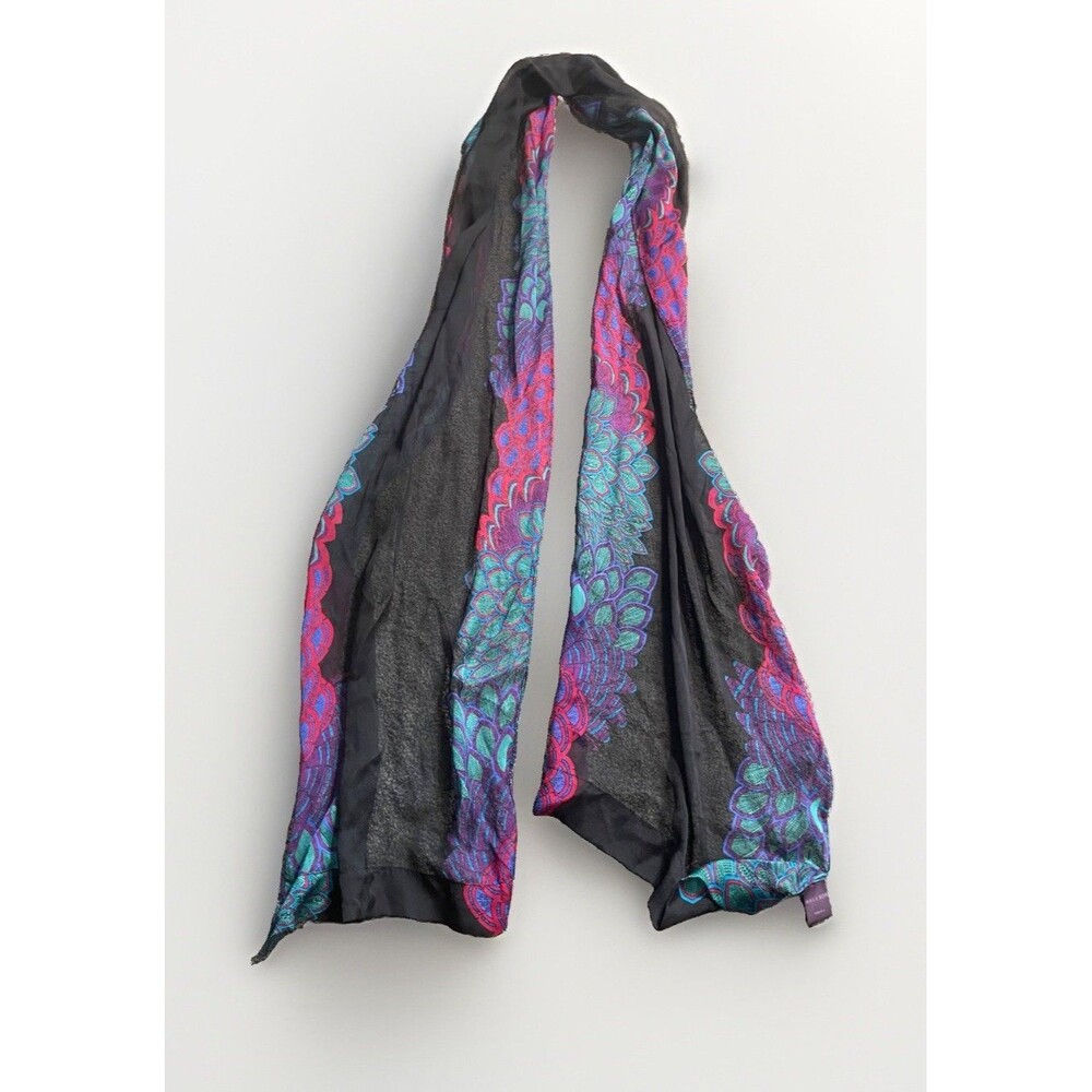 Hale Bob Black Multicolor Silk Satin Geometric Rectangle Scarf Logo Dry Clean